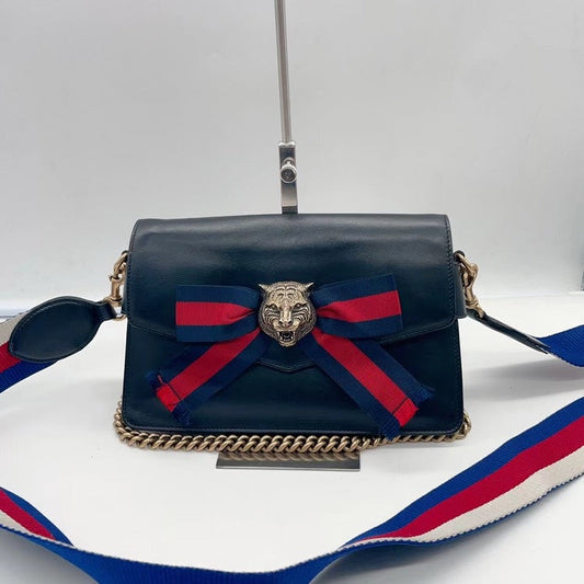 Gucci Black Leather Belt Bum Bag With Tiger Head Detail and Chain Strap