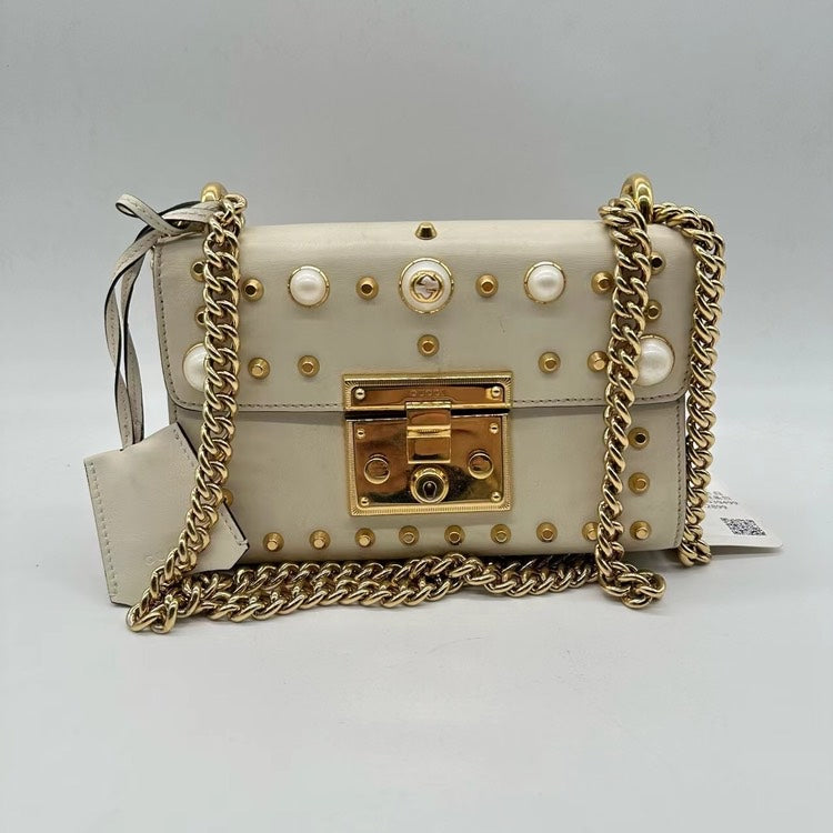 Gucci Padlock White Leather Studded Crossbody Bag Small