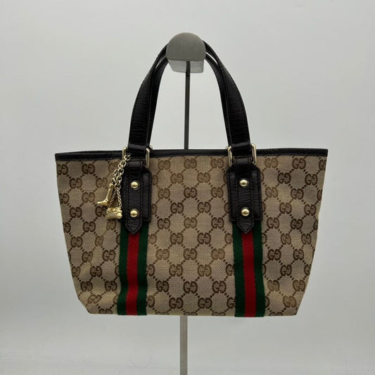 Gucci Beige Canvas GG Monogram Tote Bag with Black Leather Trim Medium