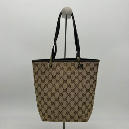 Gucci GG Beige Canvas Shoulder Bag Black Leather Trim Medium