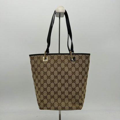 Gucci GG Beige Canvas Shoulder Bag Black Leather Trim Medium