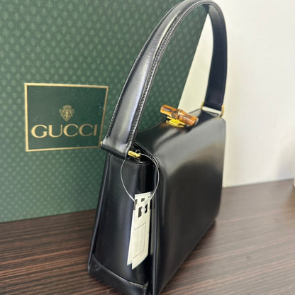 Gucci Vintage Bamboo Leather Shoulder Bag Black Medium