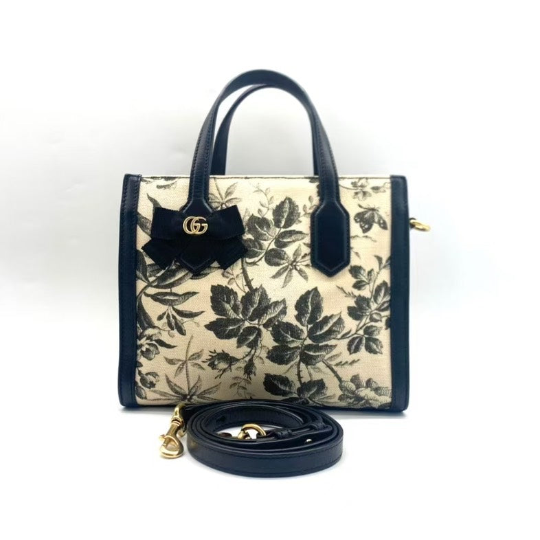 Gucci Zumi Floral Canvas Leather Two-Way Bag Medium Black Ivory