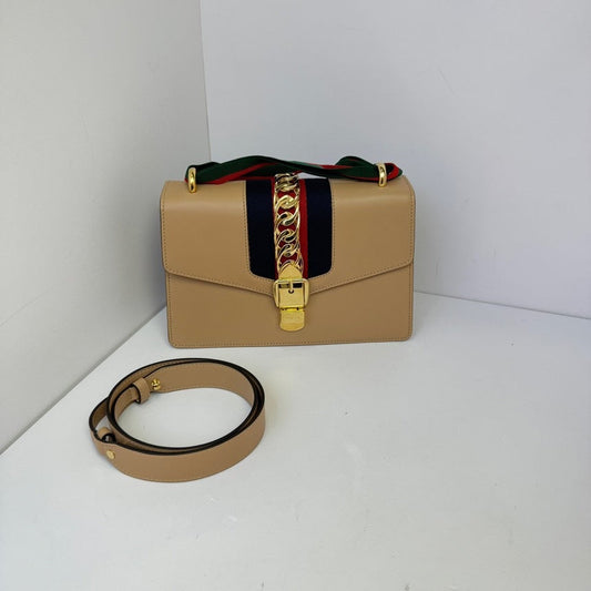 Gucci Sylvie Beige Leather Shoulder Bag 25cm