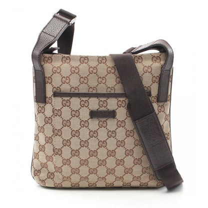 Gucci GG Canvas Shoulder Bag Beige Dark Brown Leather Trim Medium