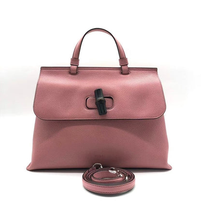 Gucci Pink Leather Bamboo Top Handle Two-Way Bag Medium Size