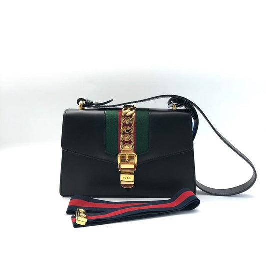 Gucci Sylvie Black Leather Green Stripe Top Handle Bag