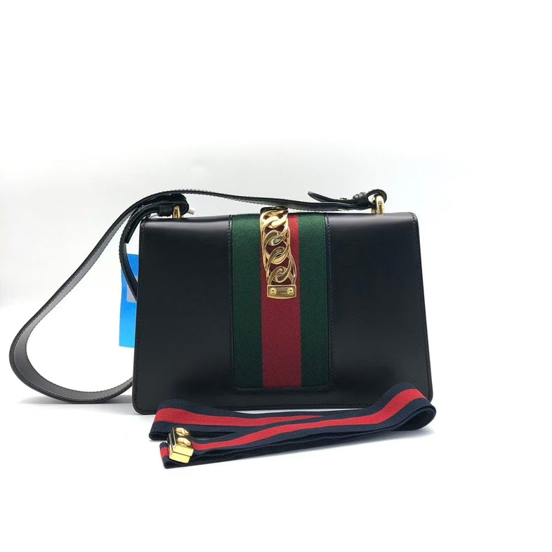 Gucci Sylvie Black Leather Green Stripe Top Handle Bag