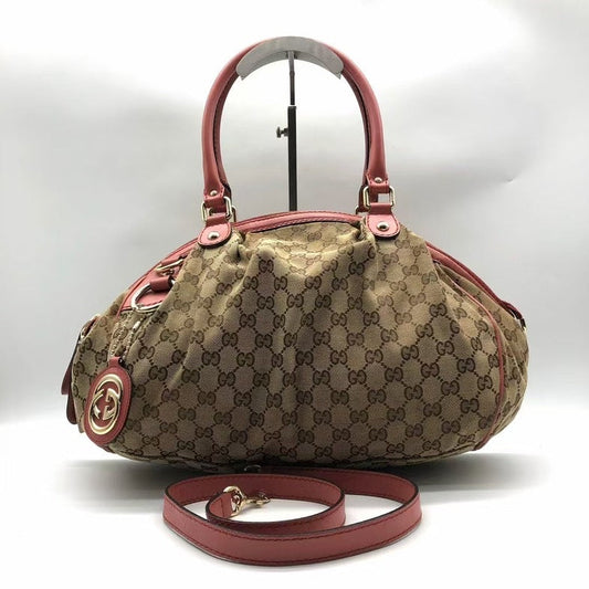 Gucci Two Way Beige Brown Monogram Canvas Bag Medium