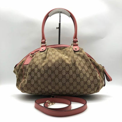 Gucci Two Way Beige Brown Monogram Canvas Bag Medium