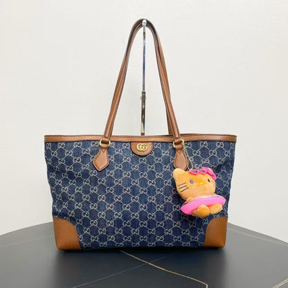 Gucci Denim Monogram Tote Bag Brown Trim Large