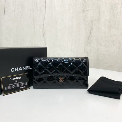 Chanel Black Patent Leather Quilted Long Wallet  Box Included