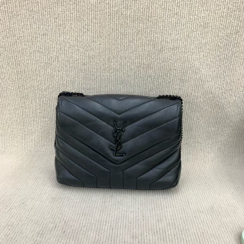 YSL Saint Laurent Black Leather Chevron Quilted Bag Medium