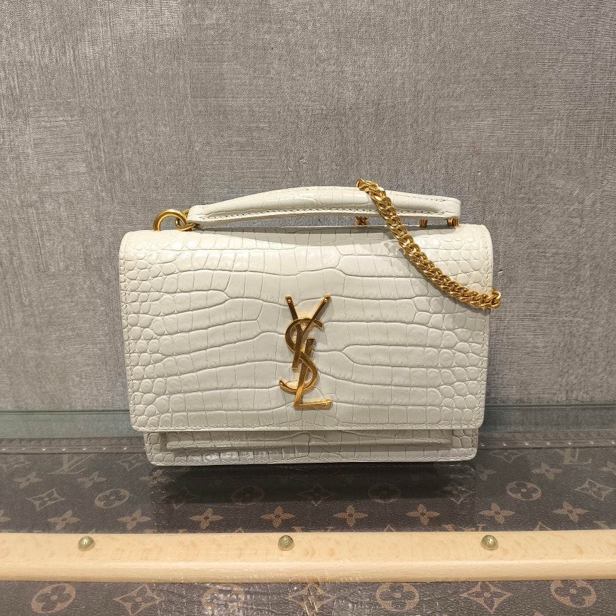 YSL Saint Laurent Top Handle Bag White Croc-Embossed