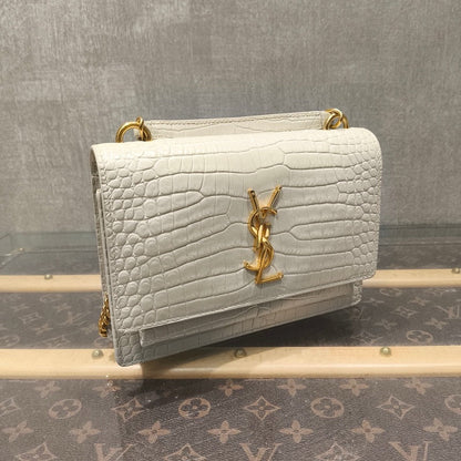 YSL Saint Laurent Top Handle Bag White Croc-Embossed