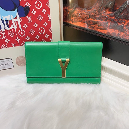 Saint Laurent YSL Green Leather Clutch Medium