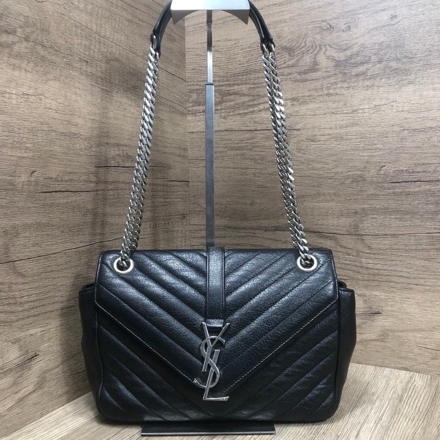 YSL Saint Laurent Black Chevron Quilted Leather Medium Shoulder Bag