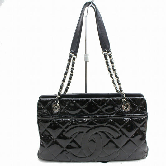 C*C Tote Bag Quilted Chain Tote Black Patent Leather (SHC1-15869)