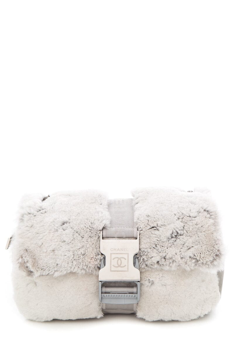 Chanel 2005/06 Grey Cross Body Rabbit Fur & Silver Seatbelt Buckle Handbag