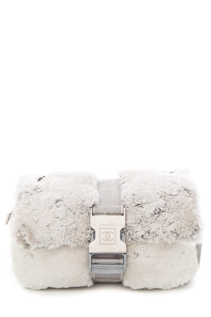 Chanel 2005/06 Grey Cross Body Rabbit Fur & Silver Seatbelt Buckle Handbag