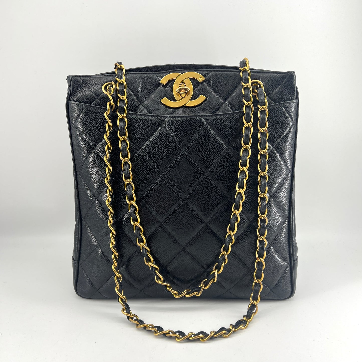 CHANEL CC Black Caviar Quilted Gold Hardware Chain Carryall Shopper Tote Bag