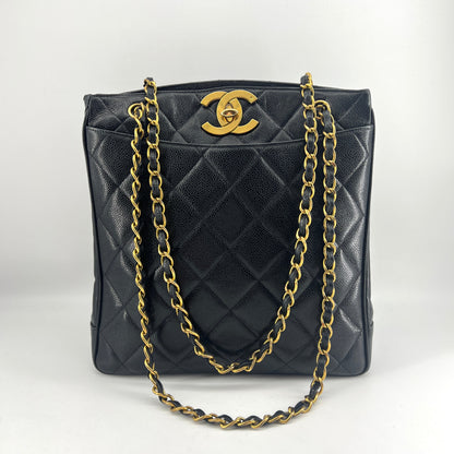 CHANEL CC Black Caviar Quilted Gold Hardware Chain Carryall Shopper Tote Bag