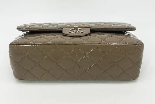 Chanel Olive Grey Patent Leather Jumbo Double Flap Classic 2.55