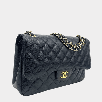 CHANEL 2011 Jumbo Double Flap Quilted Caviar Black with Gold