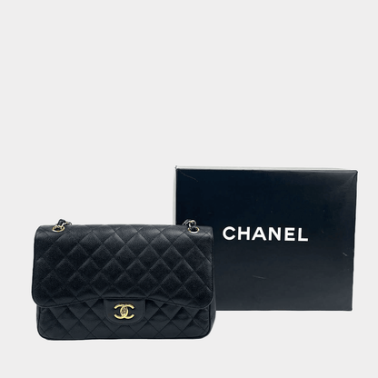 CHANEL 2011 Jumbo Double Flap Quilted Caviar Black with Gold