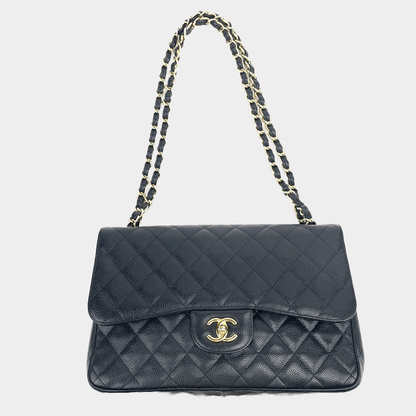 CHANEL 2011 Jumbo Double Flap Quilted Caviar Black with Gold