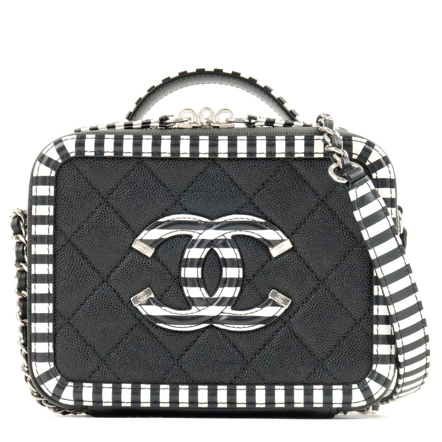 CHANEL CC Filigree Caviar Skin Vanity Case 2Way Bag Stripe A93342