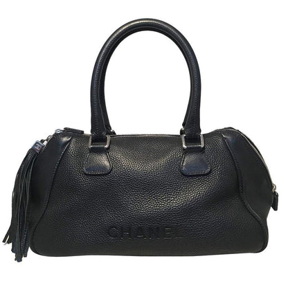 Chanel Black Leather Zip and Tassel Pull Tote Bag