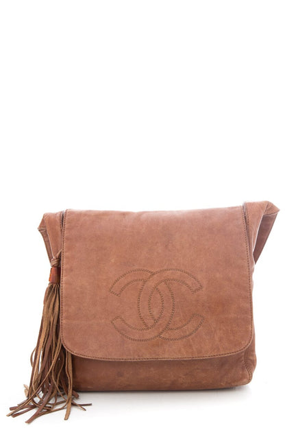 Chanel 1990 Brown Messenger Leather CC Bag with Fringe Detail