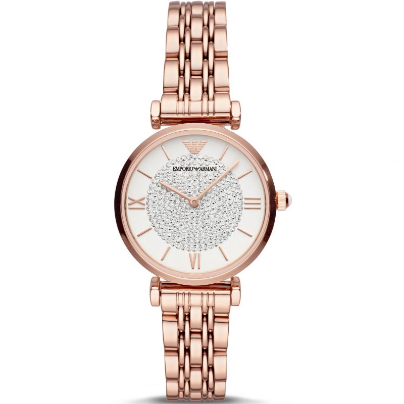 Ladies / Womens Rose Gold Glitz Stainless Steel Emporio Armani Designer Watch AR11244