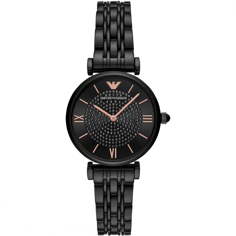 Ladies / Womens Black Stainless Steel Emporio Armani Designer Watch AR11245