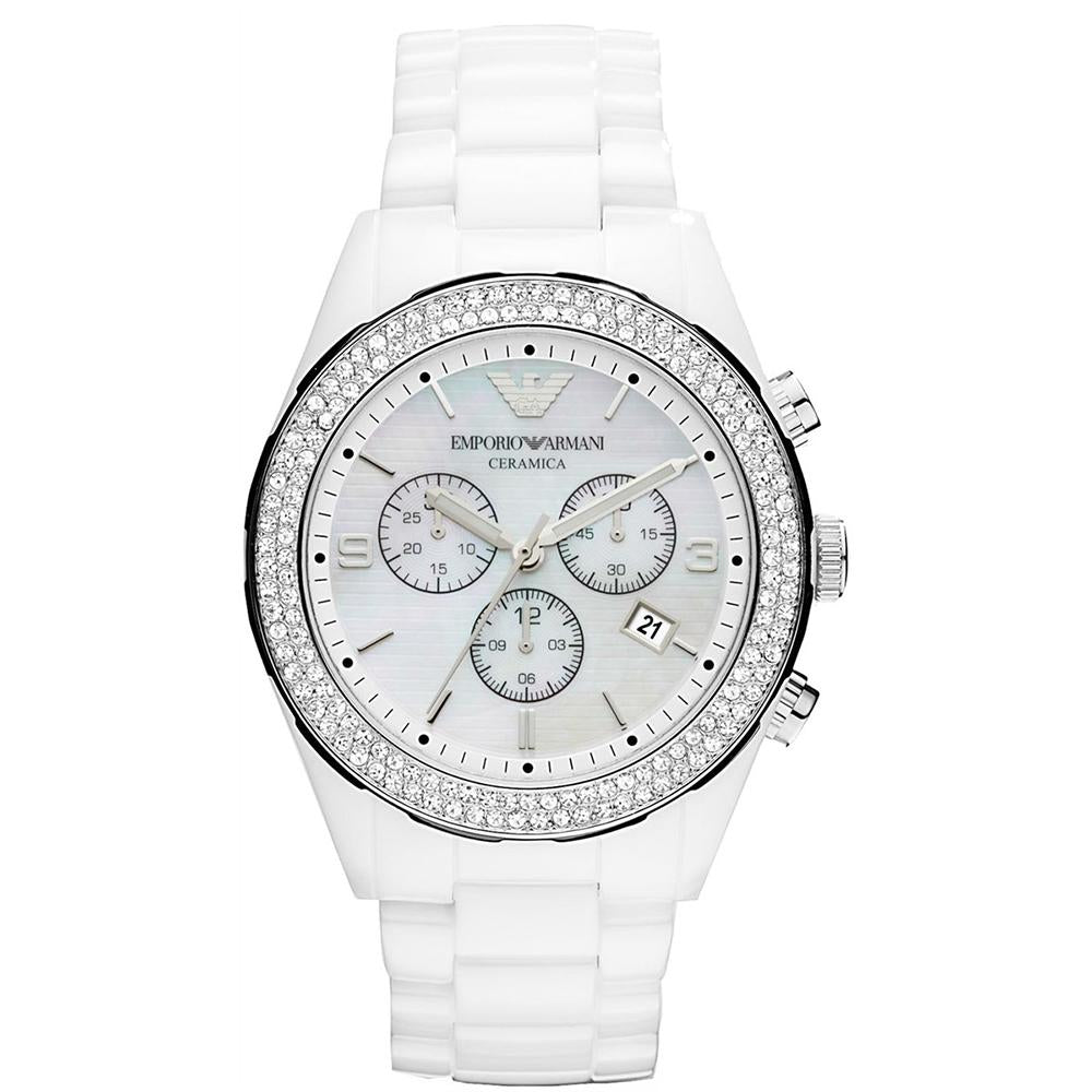 Ladies / Womens White Crystal Ceramic Chronograph Emporio Armani Designer Watch AR1456