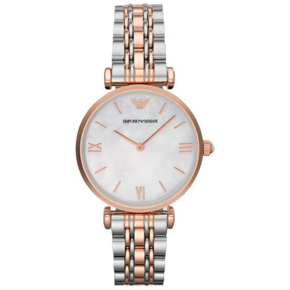 Ladies / Womens Rose Gold and Silver Mother of Pearl Stainless Steel Emporio Armani Designer Watch AR1683