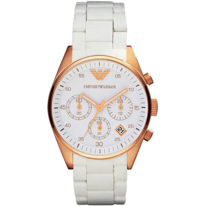 Ladies / Womens White and Rose Gold Chronograph Emporio Armani Designer Watch AR5920