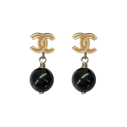 Chanel CC logo black bead drop earrings