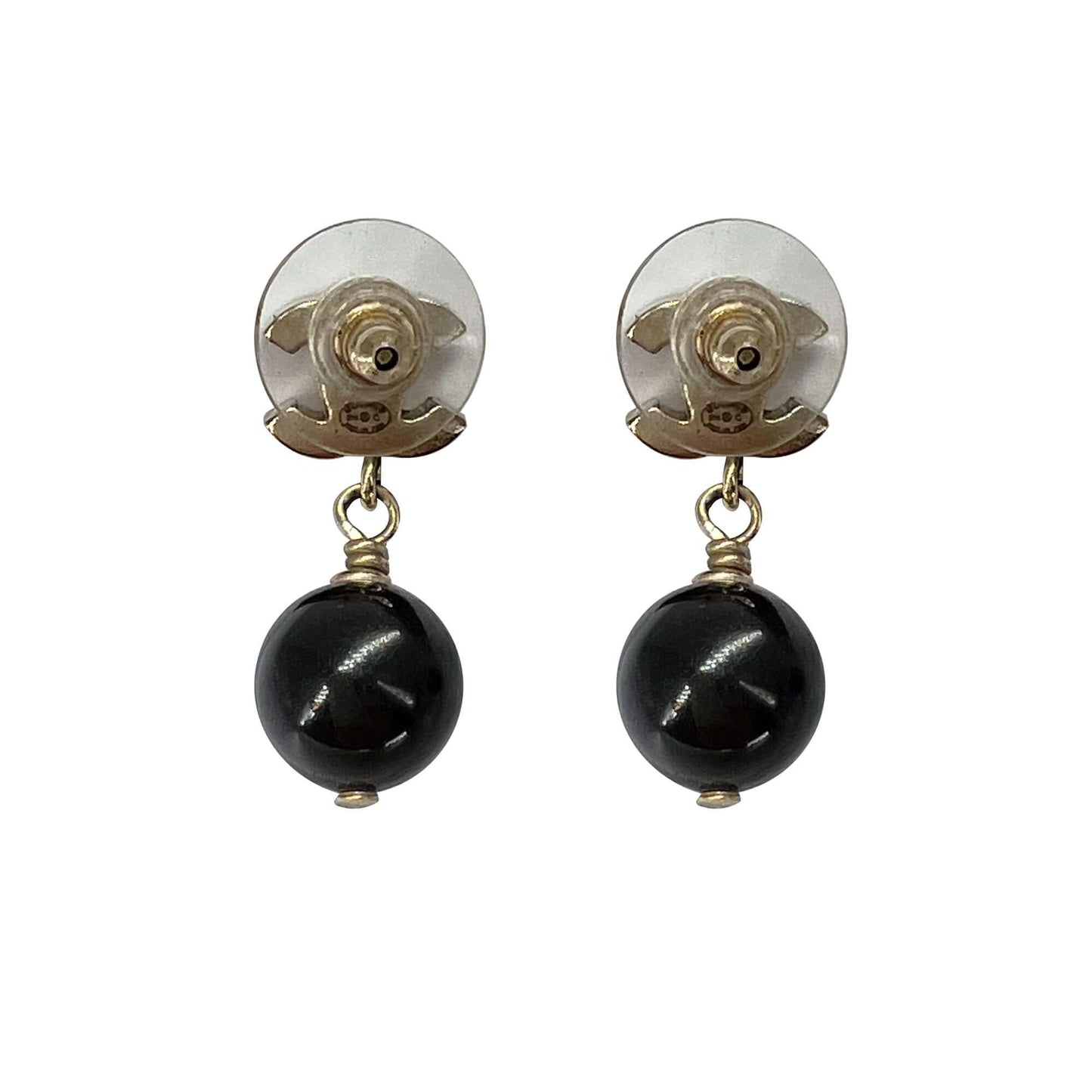 Chanel CC logo black bead drop earrings