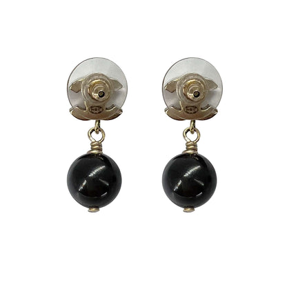 Chanel CC logo black bead drop earrings