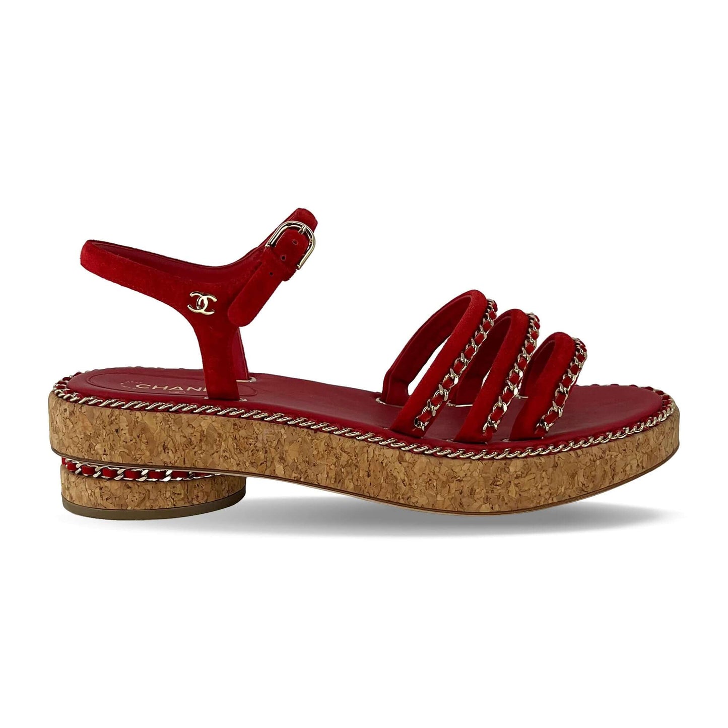 Pre owned Chanel red designer cork sandals with gold stitching