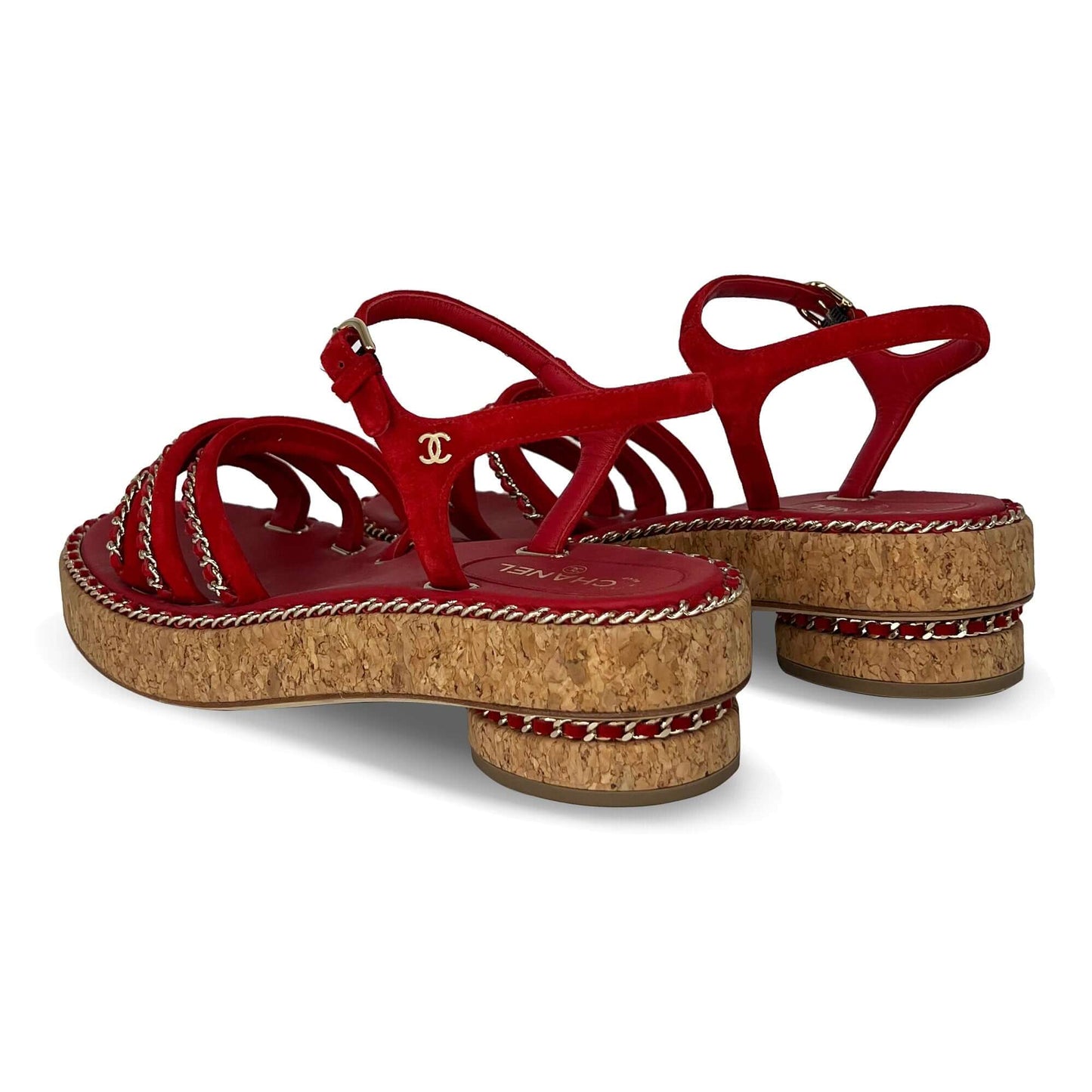 Pre owned Chanel red designer cork sandals with gold stitching