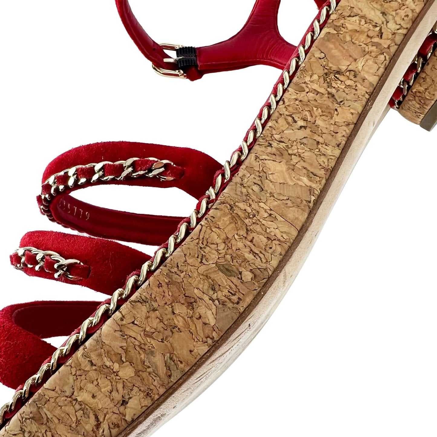 Pre owned Chanel red designer cork sandals with gold stitching