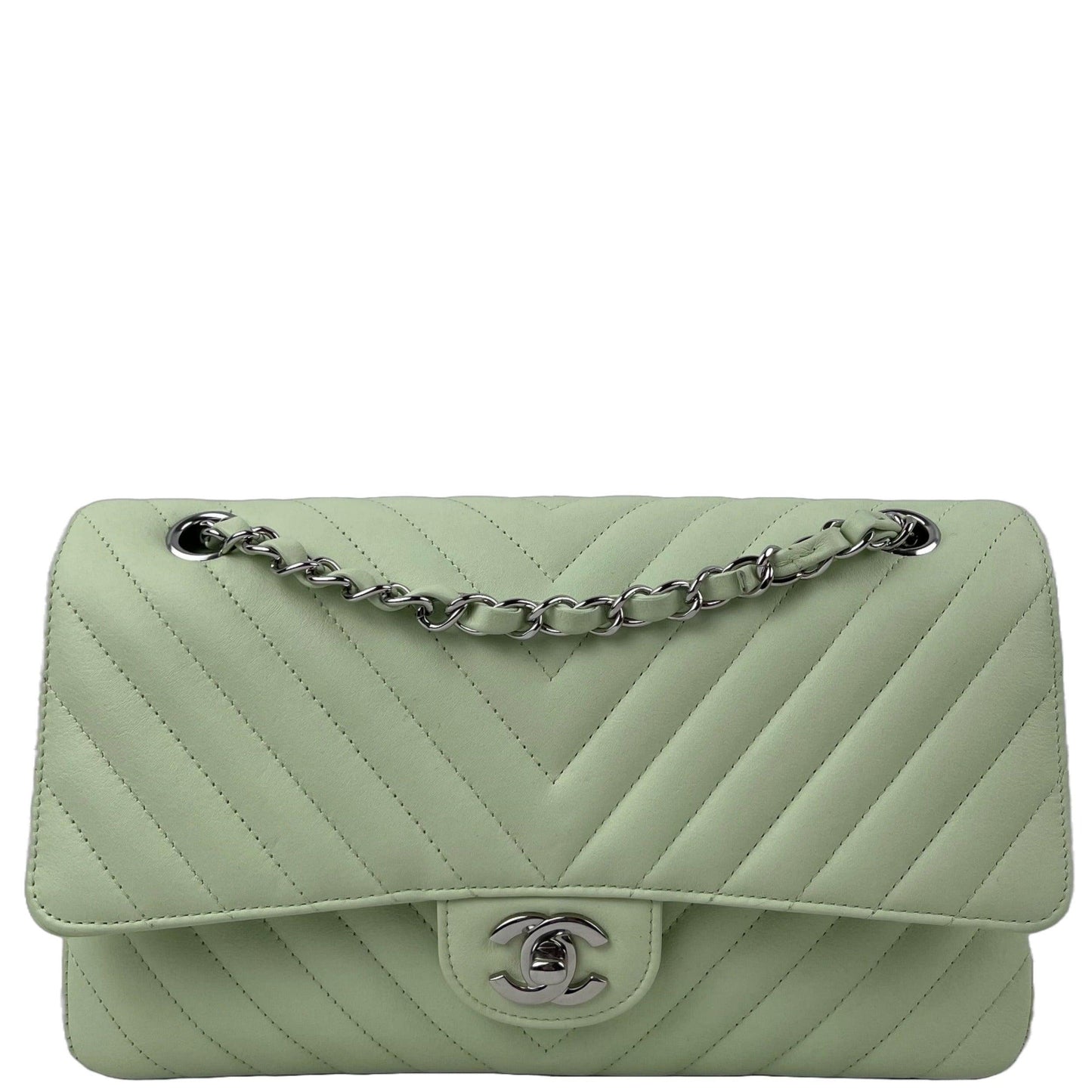 CHANEL Classic Medium Chevron Double Flap Bag - Light Green