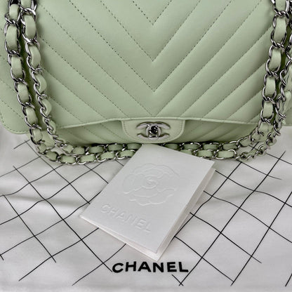 CHANEL Classic Medium Chevron Double Flap Bag - Light Green