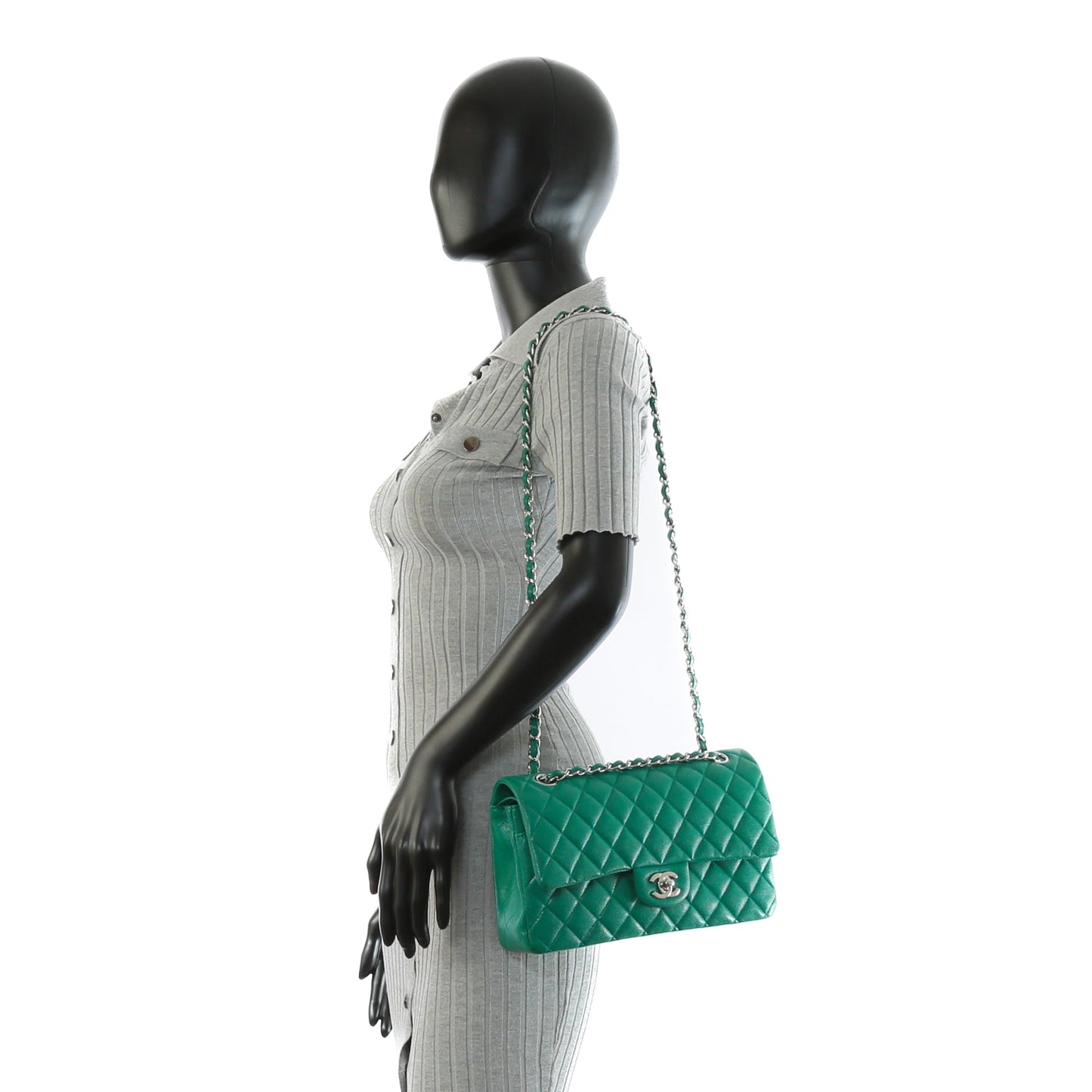 CHANEL Double Flap Medium Quilted Caviar Emerald Green