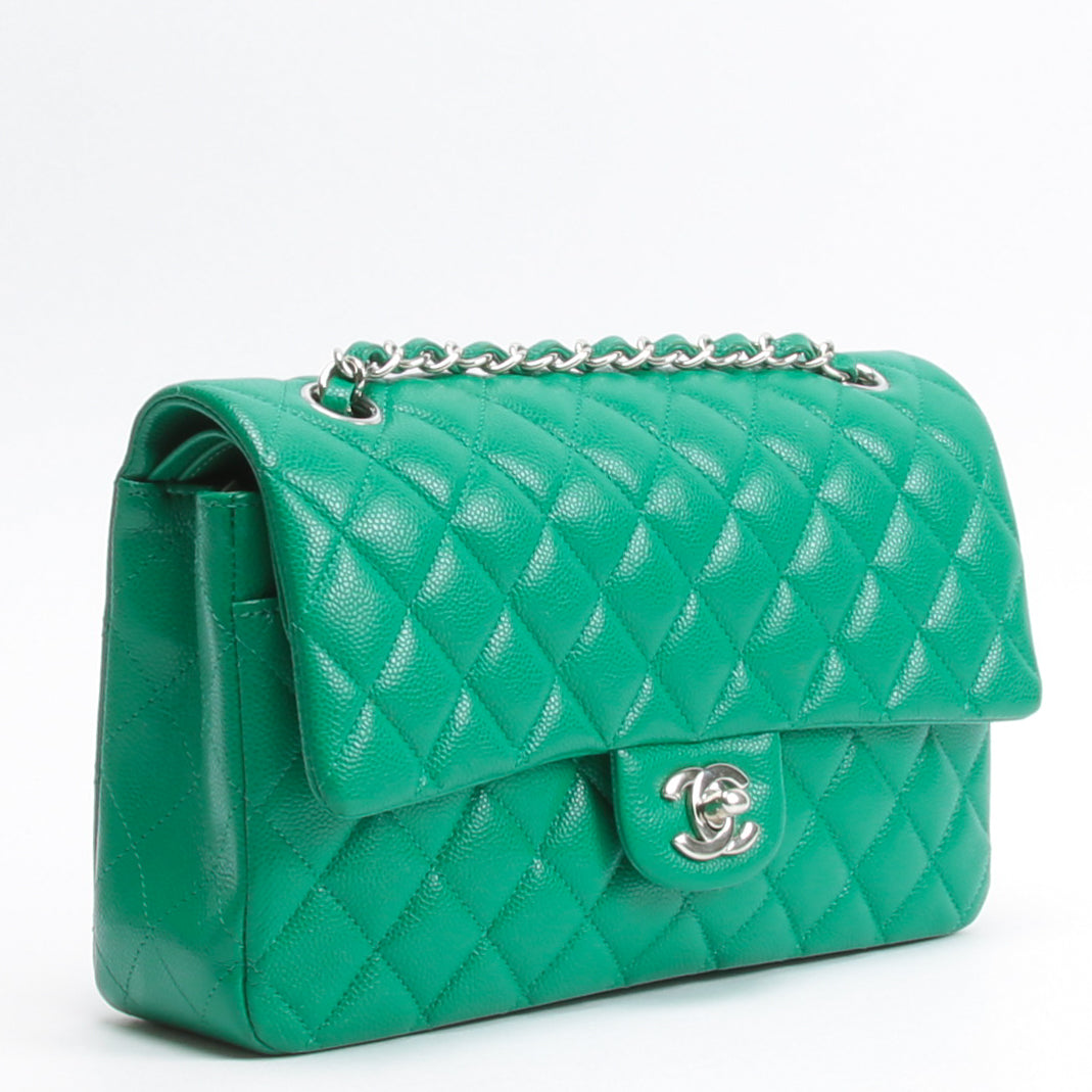 CHANEL Double Flap Medium Quilted Caviar Emerald Green