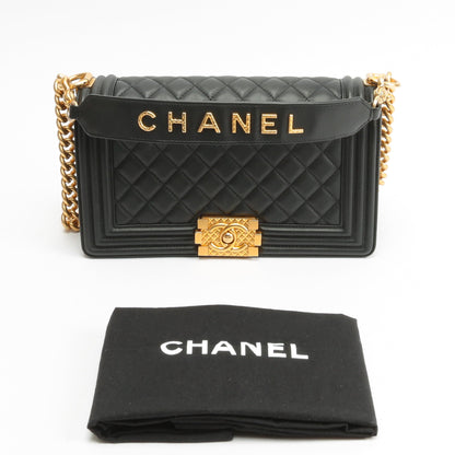 CHANEL Quilted Boy Bag w/Logo Handle Black