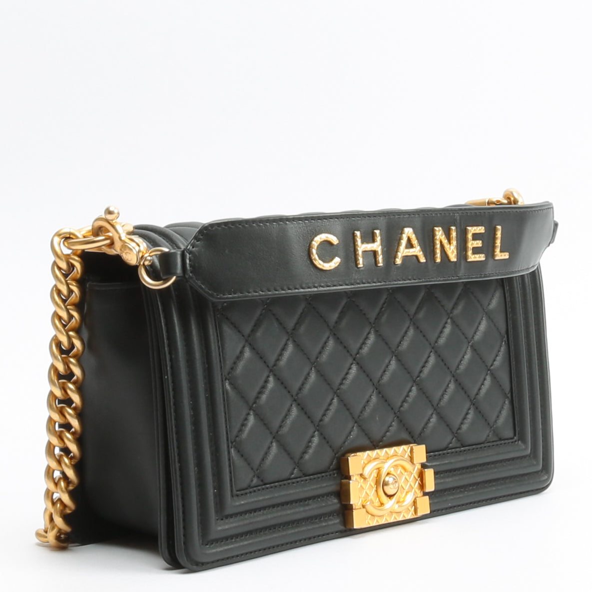 CHANEL Quilted Boy Bag w/Logo Handle Black